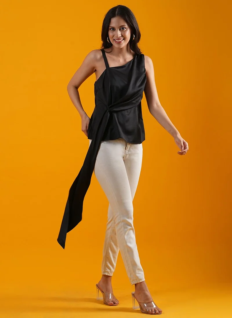 globus Globus Women Black One Shoulder Tie-Ups Detailed Casual Top